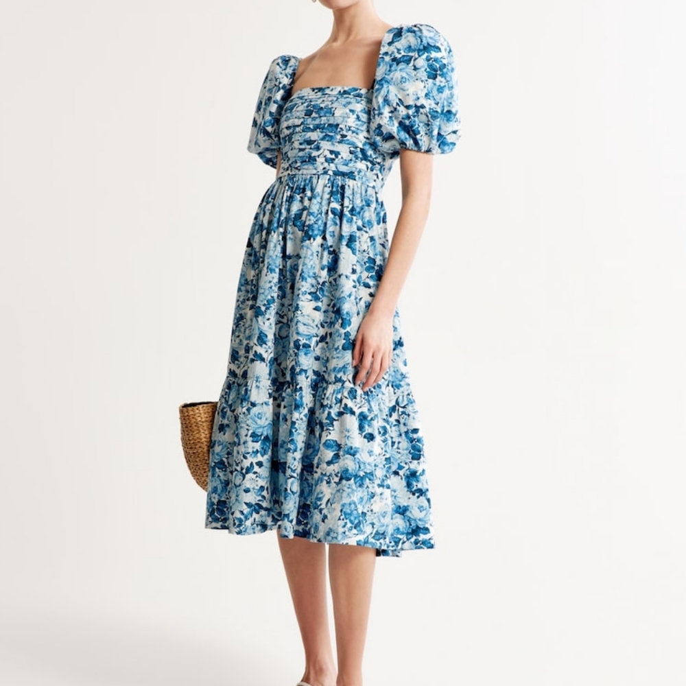 Abercrombie Emerson Floral Poplin Puff Sleeves Midi Dress…